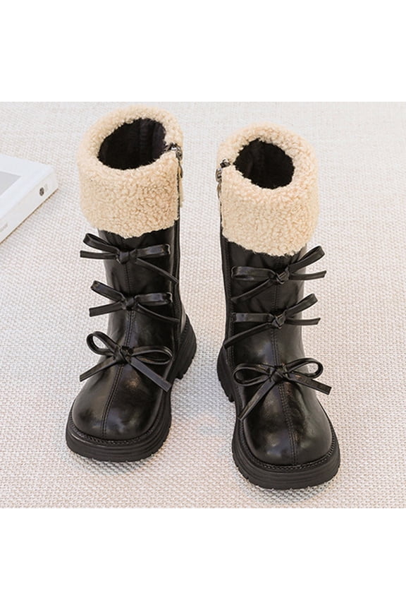 Girls Mid-Calf Faux Faux Leather Bow Winter Boots with Shearling Lining, Black, Zip-Up Non-Slip Sole,Size 32