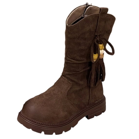 Girls Mid Calf Martin Boots Tassel Fleece Lined Warm Thick Sole Retro Suede Fall Winter Fashion Tall Boots for Little & Big Kids Brown 9.5 M(26)
