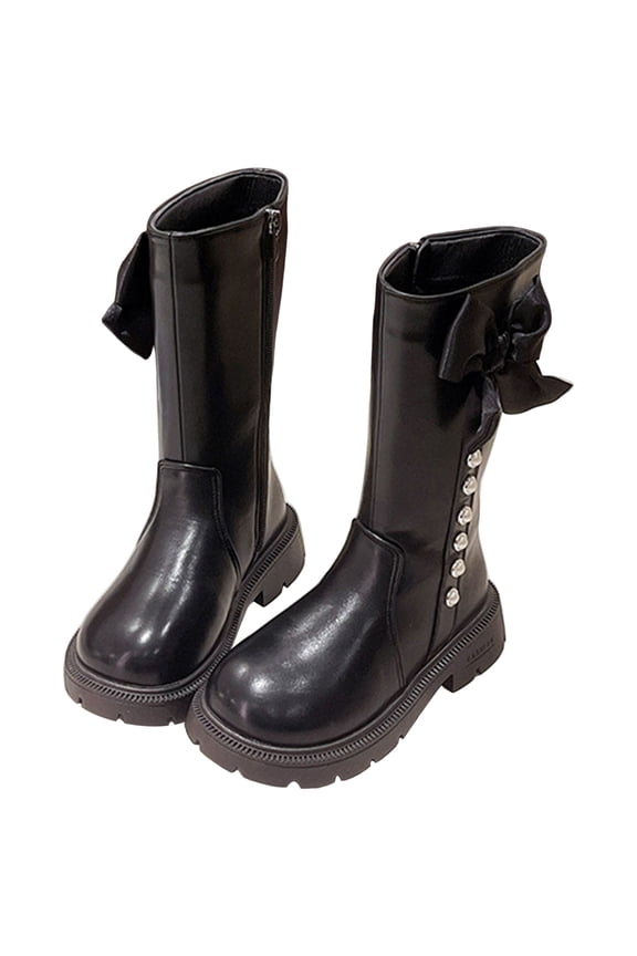 Girls Mid Calf Riding Boots Elegant Pearl Bow Princess Dress Shoes Splice Leather Lace up Zipper Round Toe Long Booties Black 1.5 Big Kids