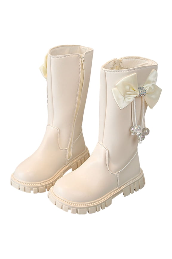 Girls Mid Calf Riding Boots Kids Child Zip up Bow Princess Booties Plush Warm Chunky Long Boots