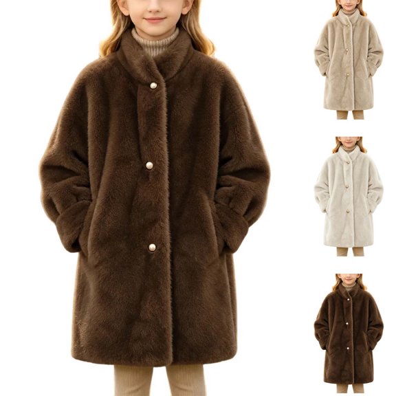 Girls Mid-Length Faux Fur Coat, Stand Collar Breasted Long Sleeve Warm Overcoat, Loose Outerwear for Kids Fall Winter Party School Daily Outdoor Wear Brown 10-11 Years