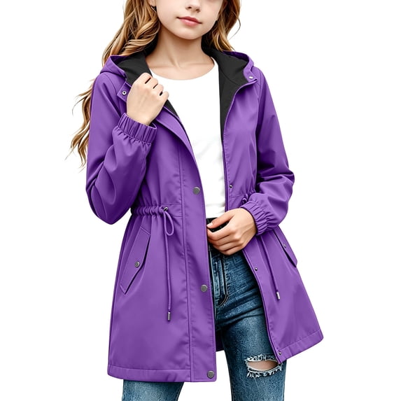 Girls Mid‑Length Hooded Rain Jacket, Full‑Zip Snap‑Button Waterproof Windproof Outerwear, Adjustable Drawstring Waist, Kids Rainy‑Day Outdoor Daily Activities Purples 5T