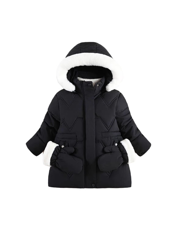 Girls Mid Long Puffer Coat Hooded Parka Thickened Zipper Down Jackets Kids Long Sleeve Detachable Gloves Quilted Outerwear Winter Outdoor Warm Jacket 1-10Years ,Black ,1-2 Years