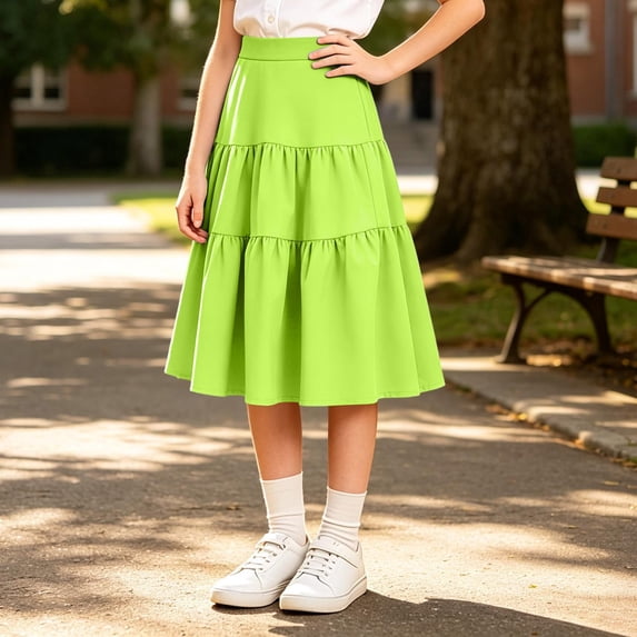 Girls' Mid Skirts Tiered, School Uniforms Elastic Waist, Long, Flowy, Swing, Ruffle, Pleated, Casual A-Line Flared Skirts for Back-to-School(Mid_Green,160/12Y)
