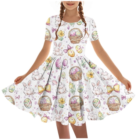 Girls Middle Aged Easter Dress Funny Bunny Eggs Graphic A Line Dress Casual Short Sleeved Round Neck Midi Dresses White 11-12 Years