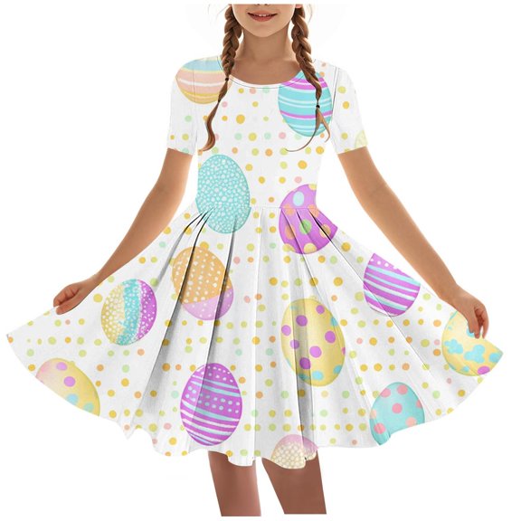Girls Middle Aged Easter Dress Funny Bunny Eggs Graphic A Line Dress Casual Short Sleeved Round Neck Midi Dresses White 13-14 Years