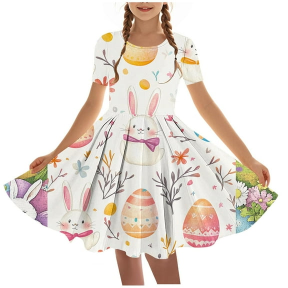 Girls Middle Aged Easter Dress Funny Bunny Eggs Graphic A Line Dress Casual Short Sleeved Round Neck Midi Dresses White 7-8 Years