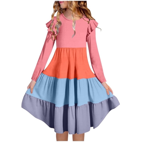 Girls Midi Dresses Ruffled Long Sleeve Crew Neck Color Block Pleated Dress Spring Fall Trendy Outfits (14-15 Years, Gray)