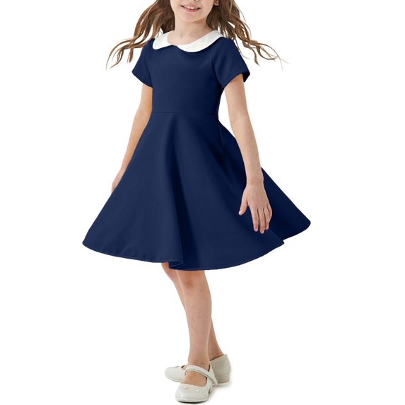 Girls Midi Dresses Short Sleeve Size 2-12 Toddlers Kids Cute Doll-Collared Solid Color A-Line School Dress 2025