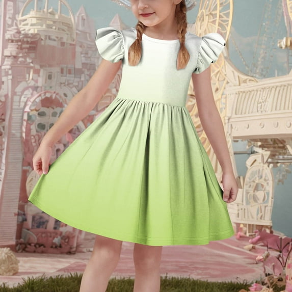 Girls Midi Dresses Size 3-14 Ruffle Cap Sleeve Crewneck Teens Kids Cute Gradient Printed A-Line Pleated Beach Dress 2025
