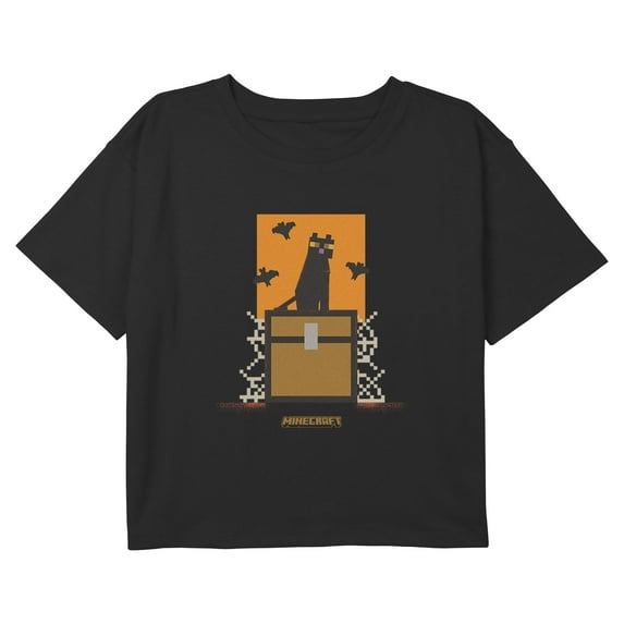 Girls Minecraft Black Cat and Logo Cropped T-Shirt