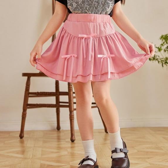Girls Mini Bow Skirt Elastic High Waist Tiered Ruffles Cute School Flowy Summer Short Skirts 11-12Y