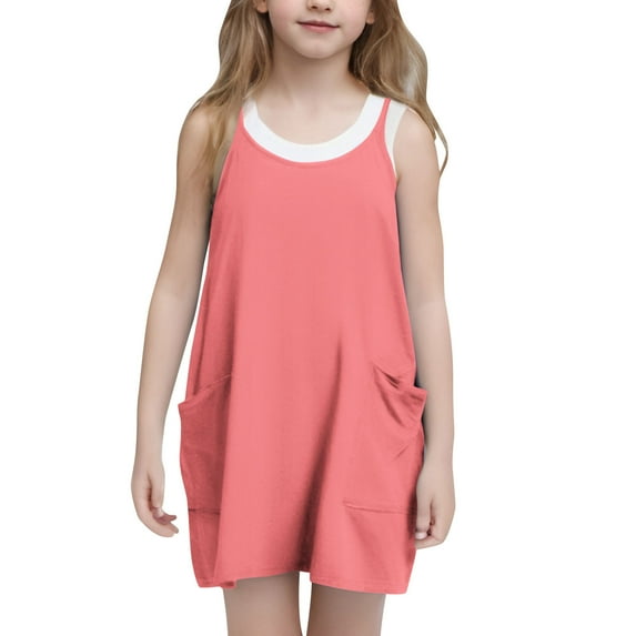 Girls Mini Dresses with Pockets Cute Sleeveless Spaghetti Strap Sundresses Juniors Teens Casual Solid Color Pullover Short Dress Size 5-14