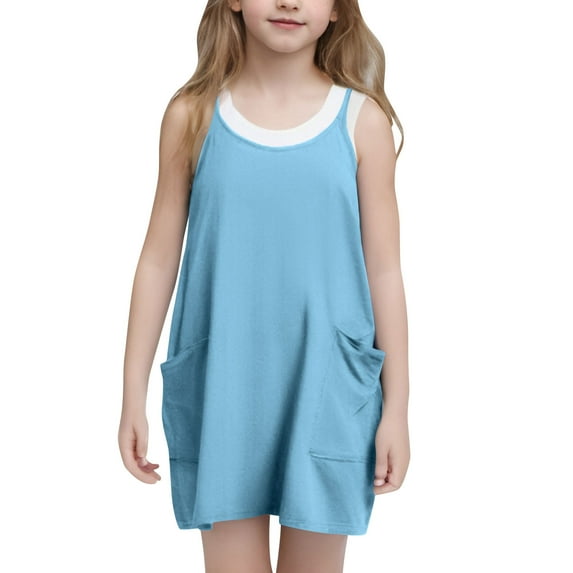 Girls Mini Dresses with Pockets Cute Sleeveless Spaghetti Strap Sundresses Juniors Teens Casual Solid Color Pullover Short Dress Size 5-14