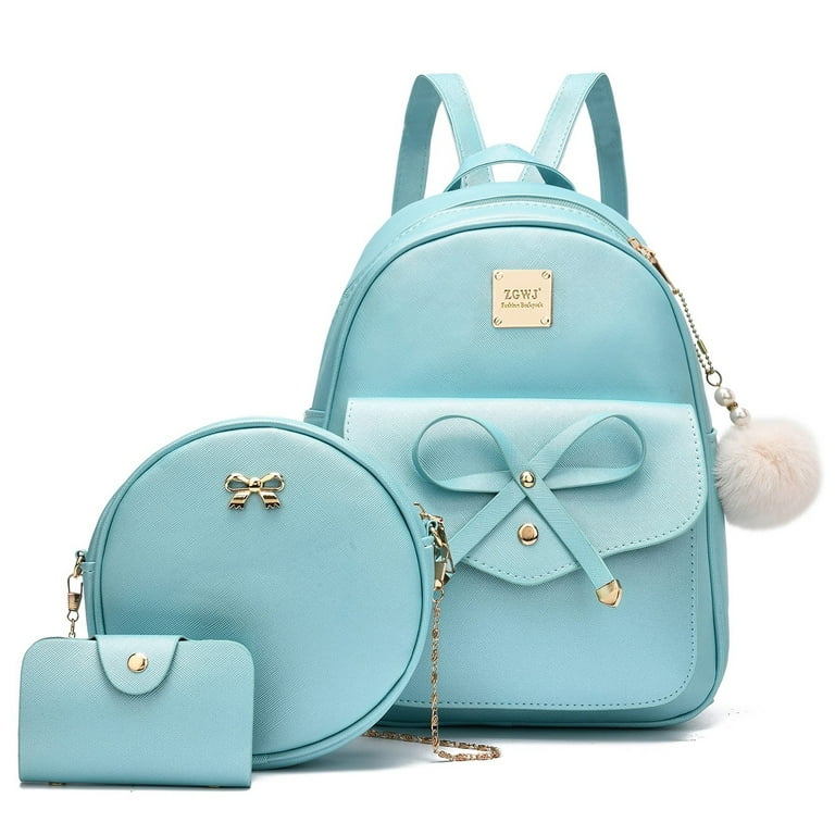 Girls Mini Leather Backpack Purse 3 Pieces Set Bowknot Small Backpack Cute Casual Travel Daypacks Green