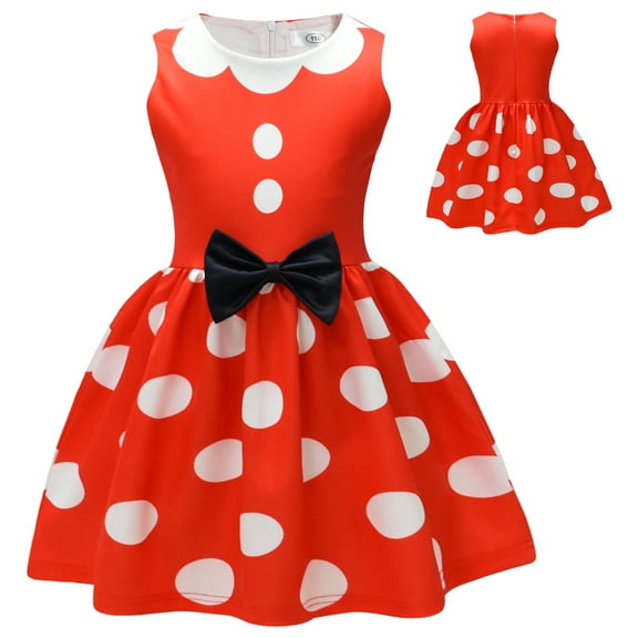 Girls Mini Mouse Costume Halloween Polka Dots Birthday Bowknot Dress, Size 6-7Y