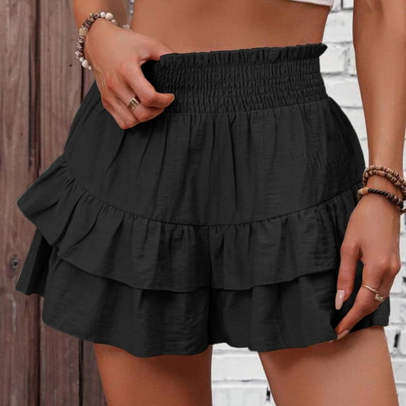 Girls Mini Skirts High Elastic Waisted Tiered Smocked Ruffle Skirt with Shorts
