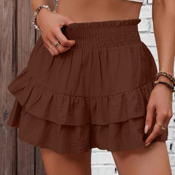 Girls Mini Skirts High Elastic Waisted Tiered Smocked Ruffle Skirt with Shorts