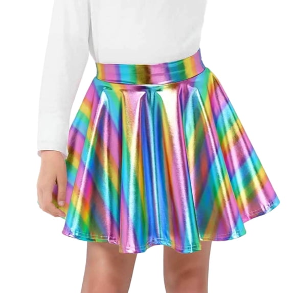 Girls Mini Skirts Shiny Flared Pleated Elastic High Waist Kids Dance Performance Party Skirts Back to School Uniforms