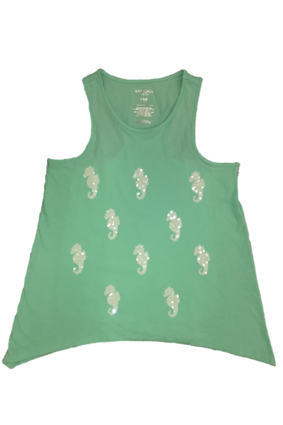 Girls Mint Green Blue Sequin SeahorseTank Top Fish Themed Shirt L