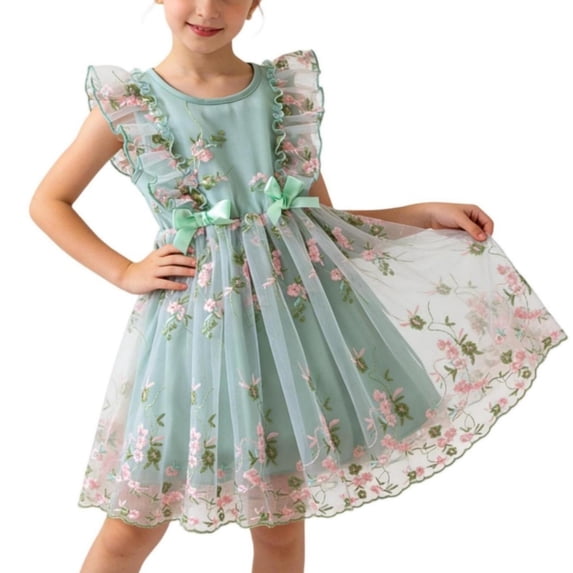 Girls Mint Green Floral Embroidered Tulle Dress Short Sleeve Flower Girl Party Wedding Gown with Bow,Size 3-4 T