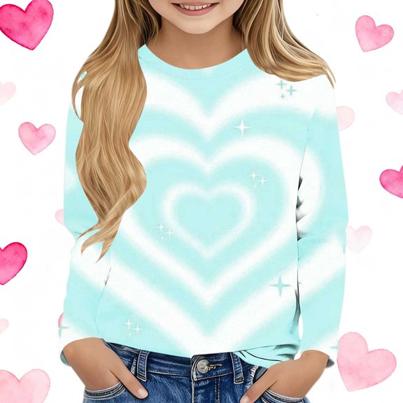 Girls Mint Green Gradient Heart Print Long Sleeve Top - Sparkly Soft Stretch Crewneck, Easy Care for Ages 3-13,Size 13 T