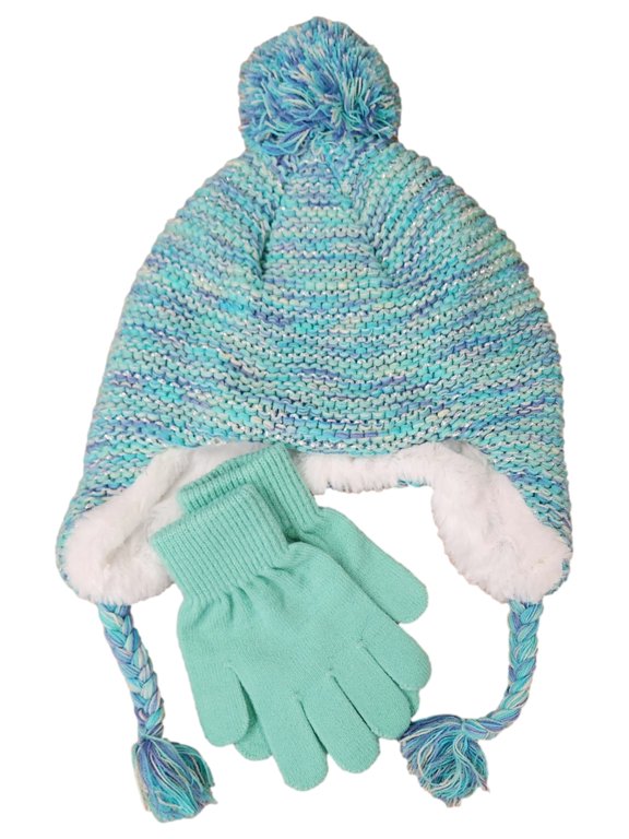 Girls Mint Green Purple & Silver Pom Trapper Beanie & Gloves Hat Set