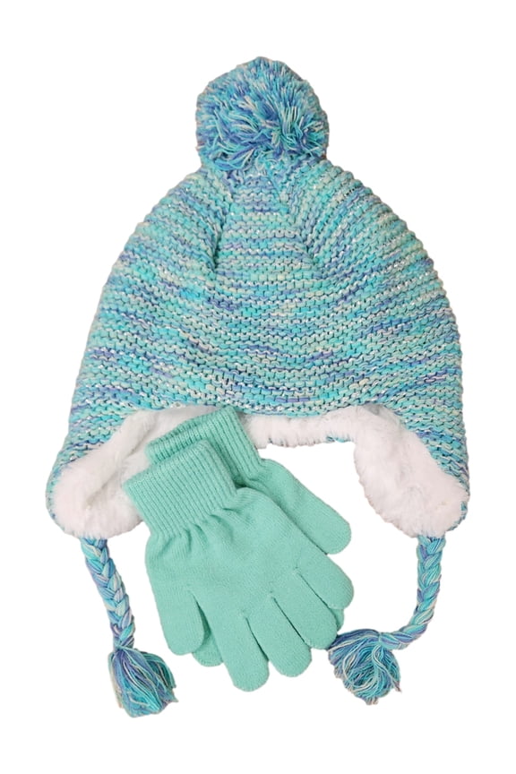 Girls Mint Green Purple & Silver Pom Trapper Beanie & Gloves Hat Set