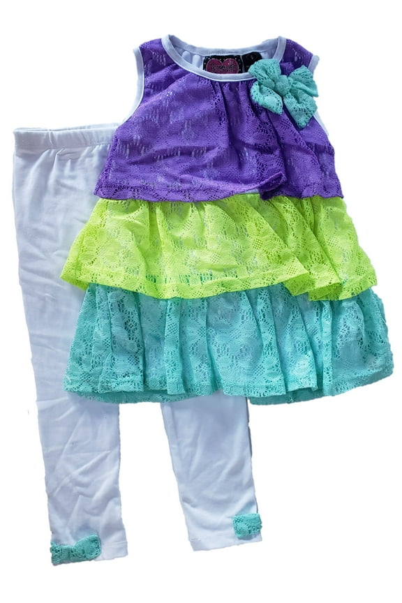 Girls Mint & Purple Layered Ruffle Dress & White Leggings 2 Piece Set 5