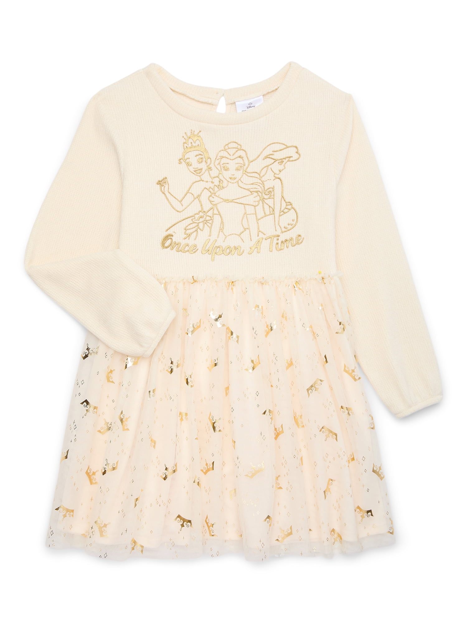 Disney Princess Girls Mixed Media Dress with Long Sleeves, Sizes 4-12
