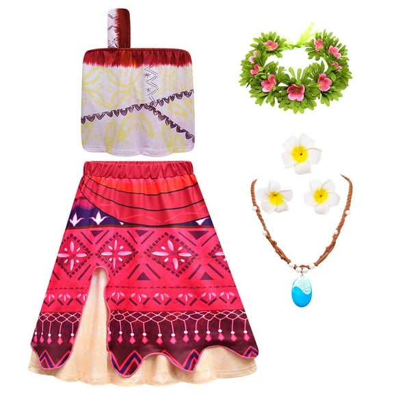 Girls Moana Costume with Accessories Two-Pieces Crop Top Skirt Halloween Cosplay Outfits, Size for 4-5Y