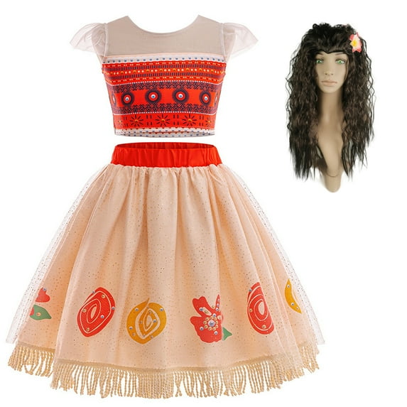 Girls Moana Princess Dress Halloween Birthday Outfits Dress Two-Pieces Crop Top Tassel Skirt Set