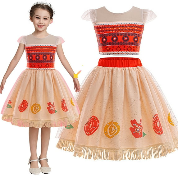 Girls Moana Princess Dress Halloween Birthday Outfits Dress Two-Pieces Crop Top Tassel Skirt Set