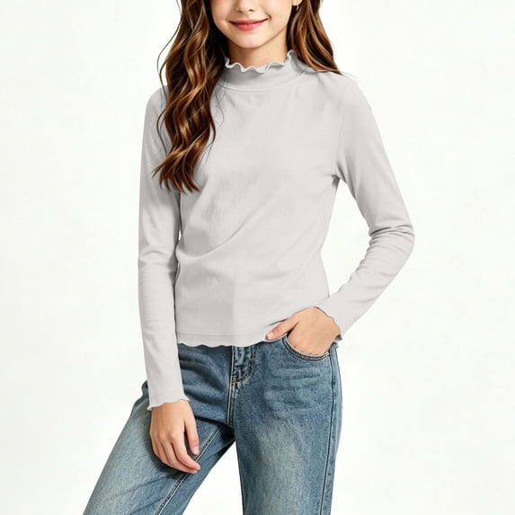 Girls Mock Neck Long Sleeve Layering Shirt, Ruffle Trim Slim Fit Tee, Soft Modal Cotton Blend Undershirt for Kids,Size 1-2T