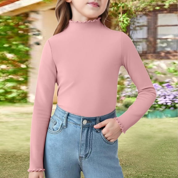 Girls Mock Neck Long Sleeve Shirts 2025 Ribbed Knit Slim Fit T Shirts Fall Layer Tops Tees Pink 110
