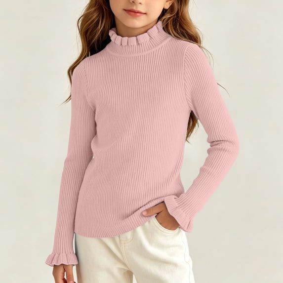 Girls' Mock Neck Ruffle Trim Ribbed Knit Top Long Sleeve Slim Fit Stretchy Warm Sweater for School Matching 0-12 Years Pink 6-10 Years