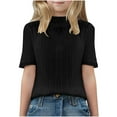 thumbnail image 1 of Girls Mock Neck Shirts Short Sleeve Solid Color Lace Blouse Summer Pleated Dressy Tops Kids Spring Clothes Black XXL, 1 of 3