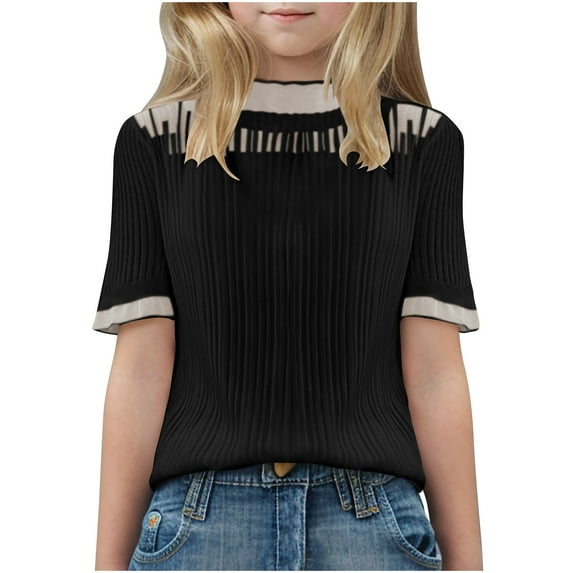 Girls Mock Neck Shirts Short Sleeve Solid Color Lace Blouse Summer Pleated Dressy Tops Kids Spring Clothes Dark Gray S