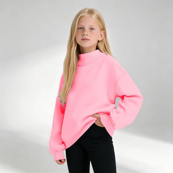 Girls Neck Sweatshirt Long Sleeve Loose Fit Pullover Casual Solid Color Tops Fashion Oversized Clothing for School Daily Outdoor
