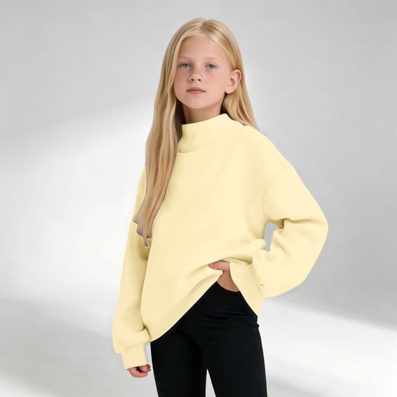 Girls Neck Sweatshirt Long Sleeve Loose Fit Pullover Casual Solid Color Tops Fashion Oversized Clothing for School Daily Outdoor