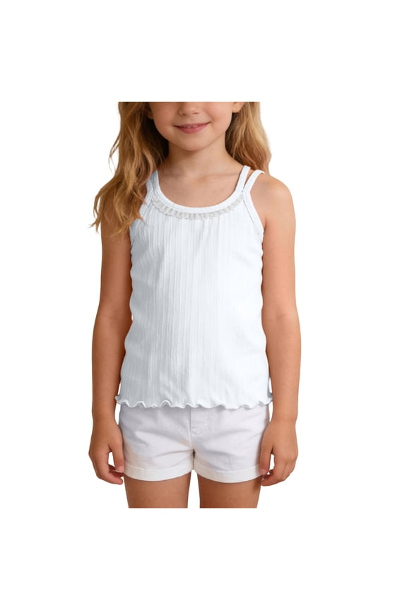 Girls Modal Camisole Crew Neck Sleeveless Lace Trim Tank Top Summer Casual Comfy Undershirt Tops for 3-13 Years