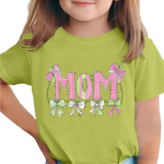 Girls Mom Bow Graphic Tee Soft Stretchy Crewneck Short Sleeve Mint Green Shirt for Kids Ages 3-15,Size 4-5T