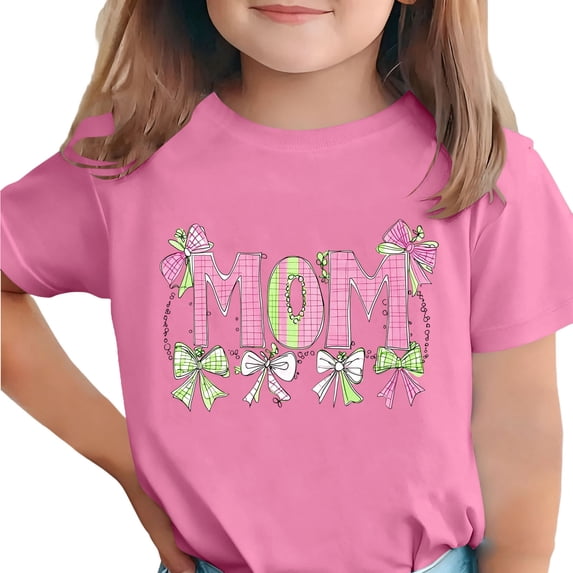 Girls Mom Bow Graphic Tee Soft Stretchy Crewneck Short Sleeve Pink Shirt for Kids Ages 3-15,Size 11-12T