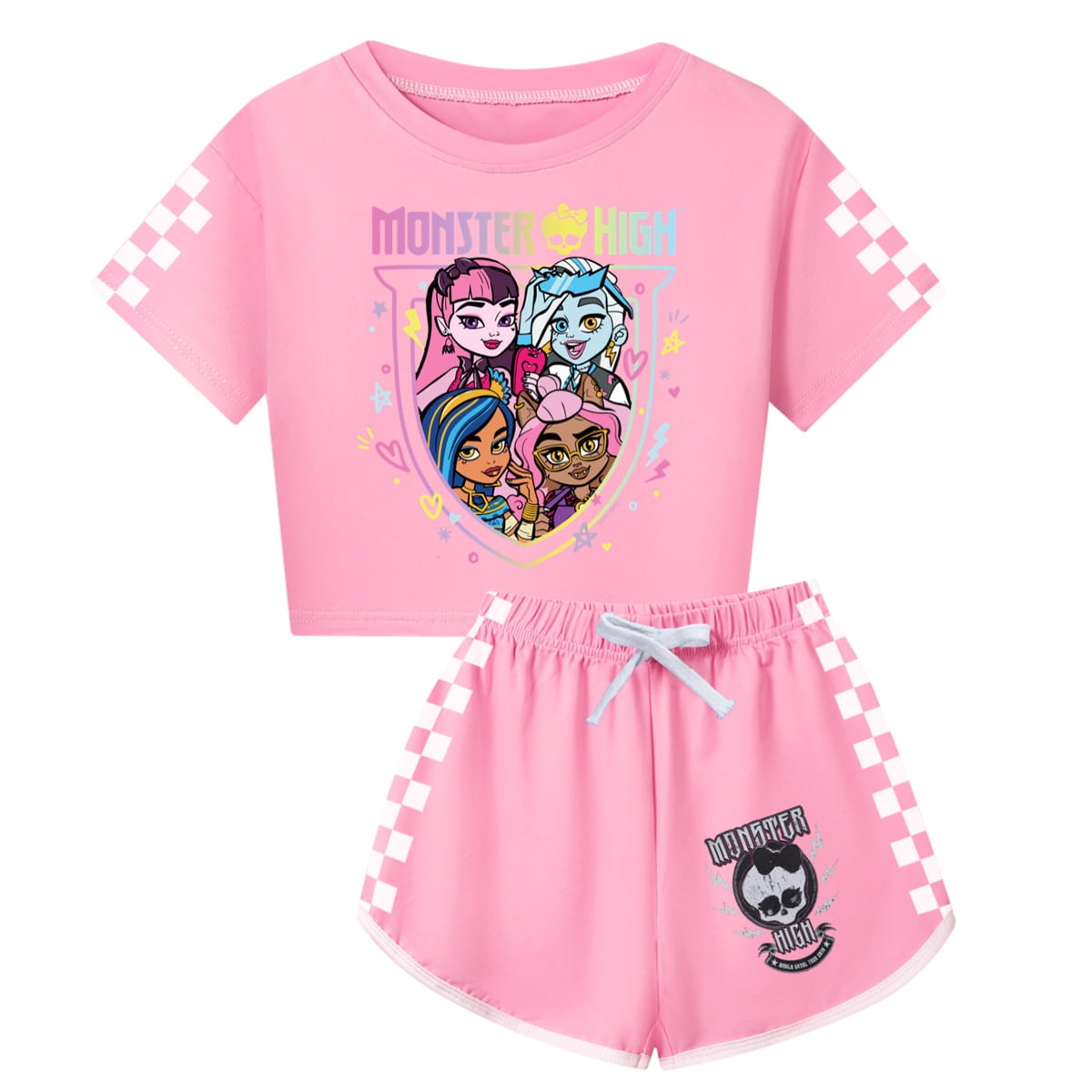 Girls Monster High Anime Cartoon Graphics Printed Costume Short Sleeve T-shirt&Shorts Athletic Outfit Summer Jogging Shirt 2 Pieces Tracksuit Casual Tops Cotton Tees Sport Set Clothes Kids Gifts 3-13