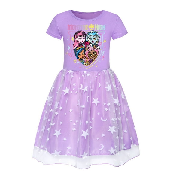Girls Monster High Anime Fans Cartoon Graphics Printed Casual Tutu Tulle Dress Costume Summer Short Sleeve Cute Playwear Round Neck Rainbow Star Ruffle Skirt Role Play Party Clothes Outfits Gift 3-9