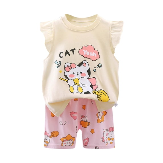 Girls Mother's Day Comfortable And Breathable Set Cute Cartoon Printed Short Sleeve Shorts Two Piece Set