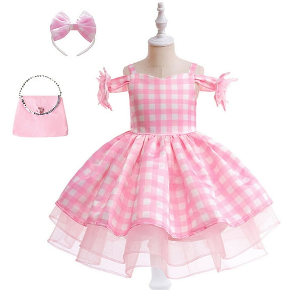 Girls Movie Doll Costume Dress Halloween Pink Plaid Off Shoulder Cosplay Dress Up, 4-9Y