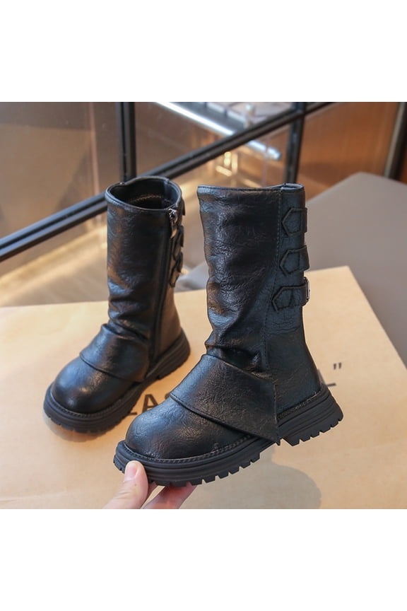 Girls' Multi Buckle Strap Knee High Boots Fleece Lined Vintage Riding Style for Autumn Fashion Matching Weekend Photo Shoots 5-15 Years Black 4-4.5 Years