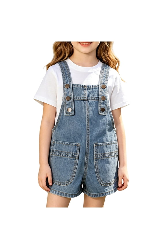 Girls' Multi-button Adjustable Strap Denim Short Overalls, Dual Big Side Pockets for Backyard Play and Daily Grocery Shopping Dark Blue 130