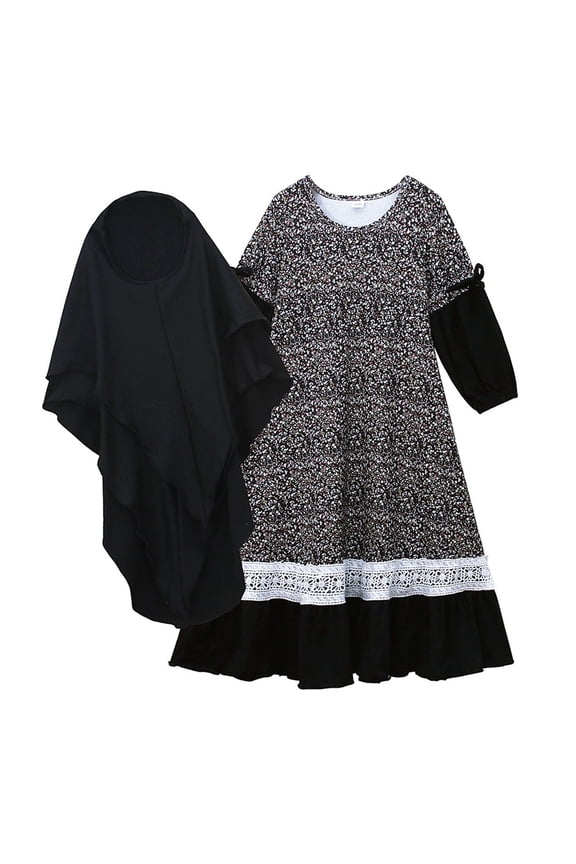 Girls Muslim Abaya Dress Long Sleeve Floral Prayer Dress with Hijab Long Sleeve Kaftan Dress Size 0-10 Years